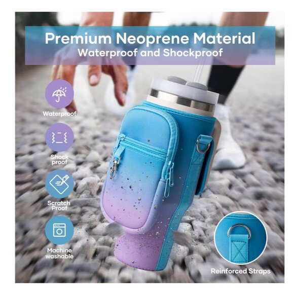 Water Bottle Carrier w/ Phone Pocket Insulated Neoprene Holder Crossbody Strap - Picture 9 of 9